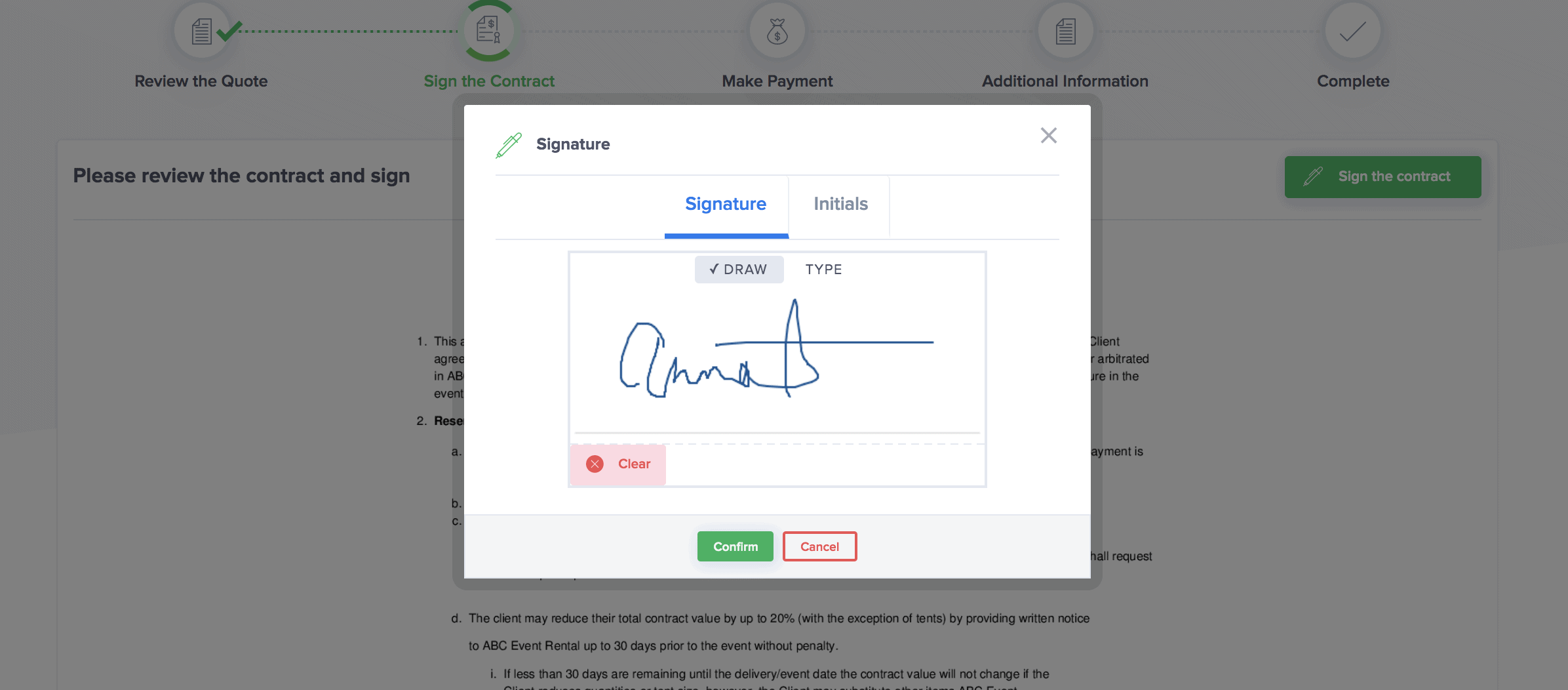 E-Signature on an event rental software