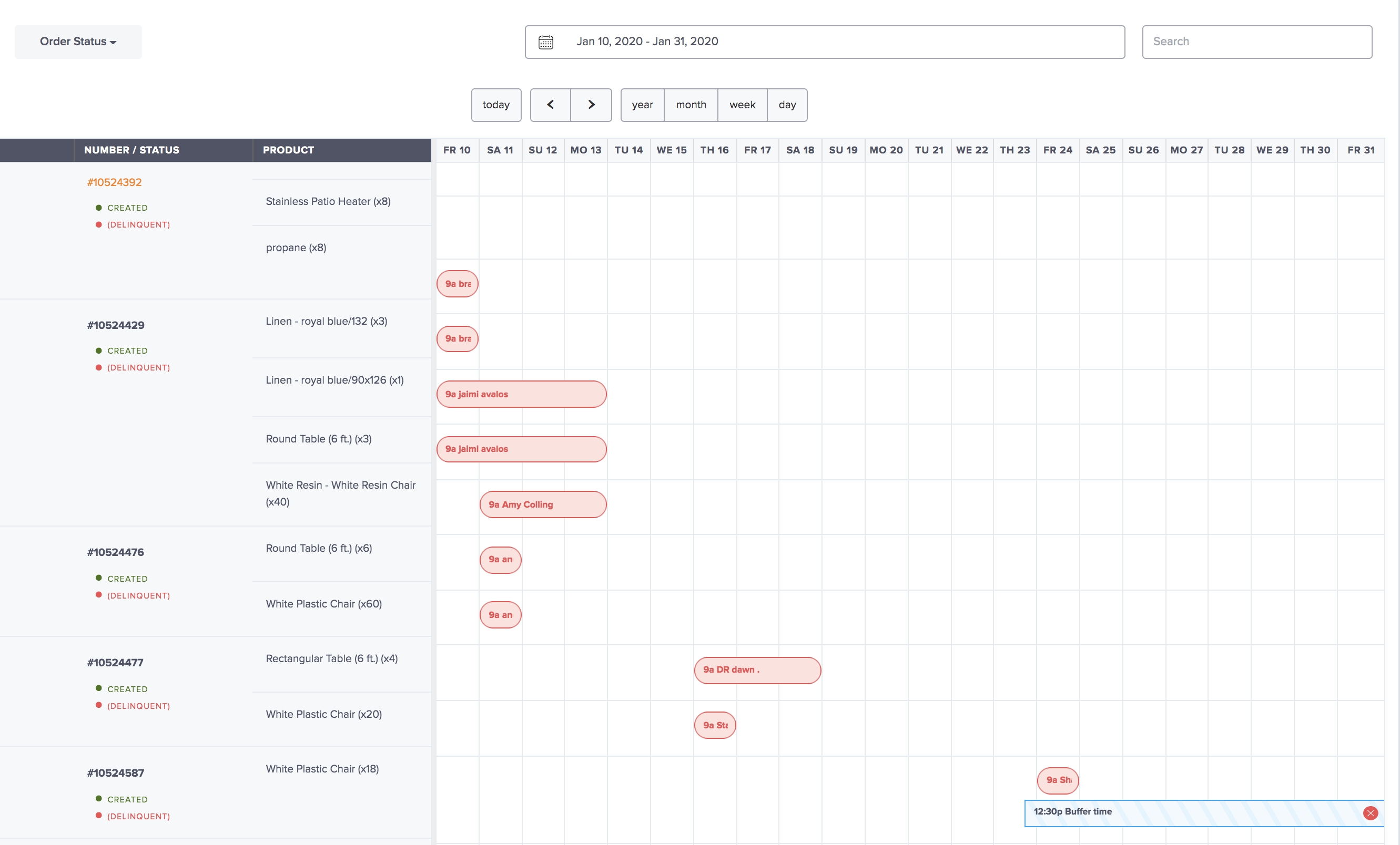 event calendar shown on event rental software