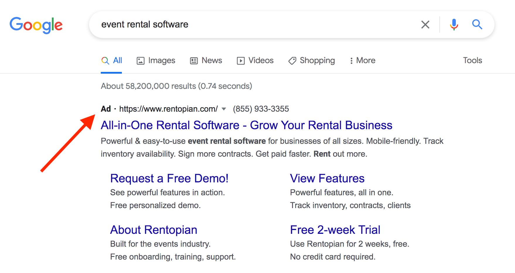 Google Ad for event rental software