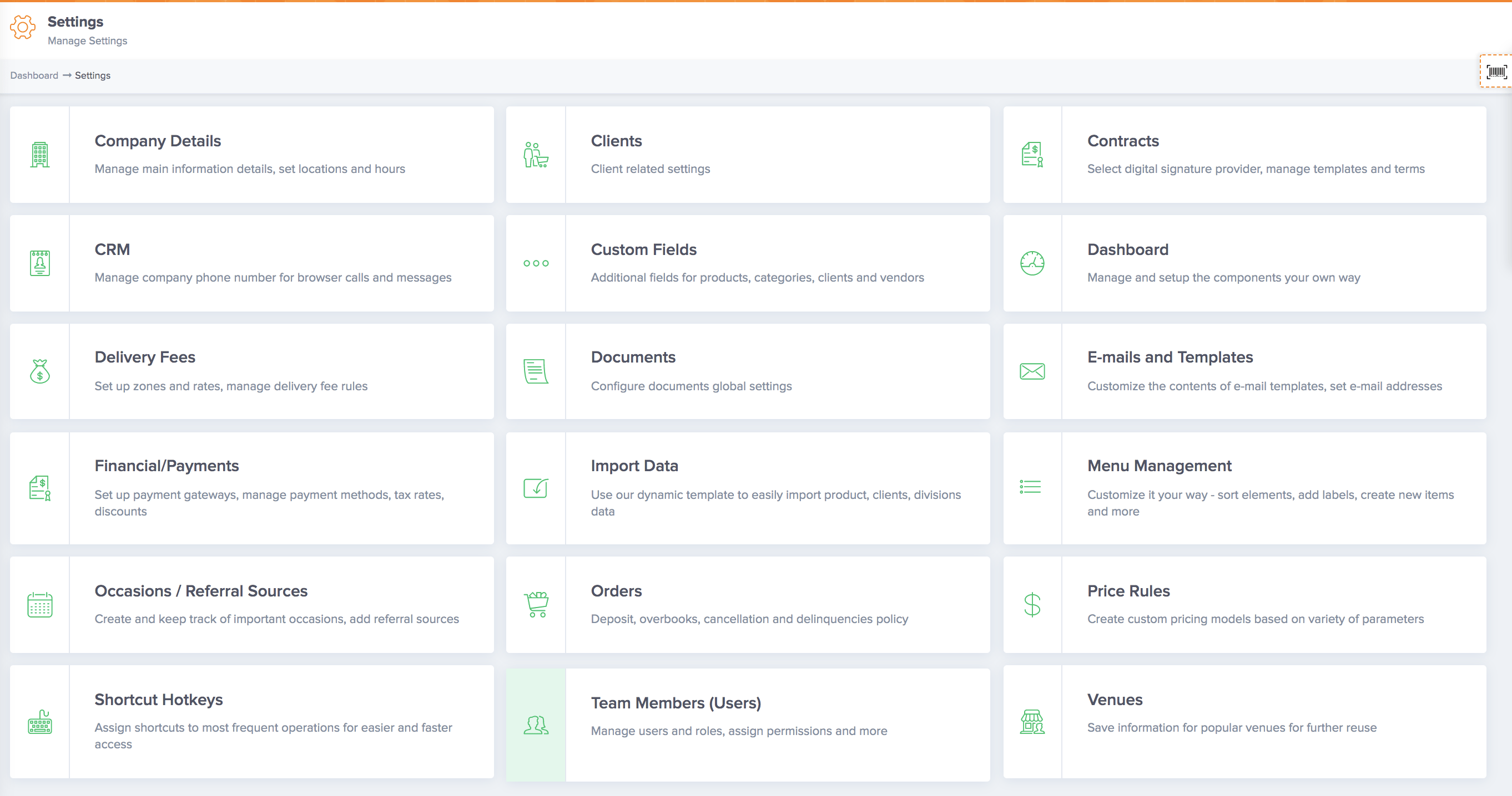 settings on event rental software