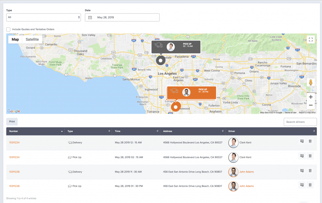 maps and dispatched drivers page of event rental software