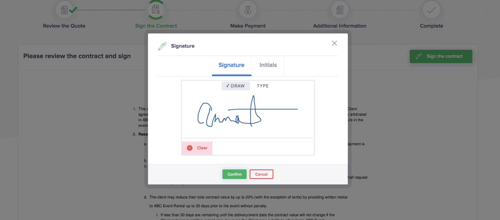 online signature of event rental software